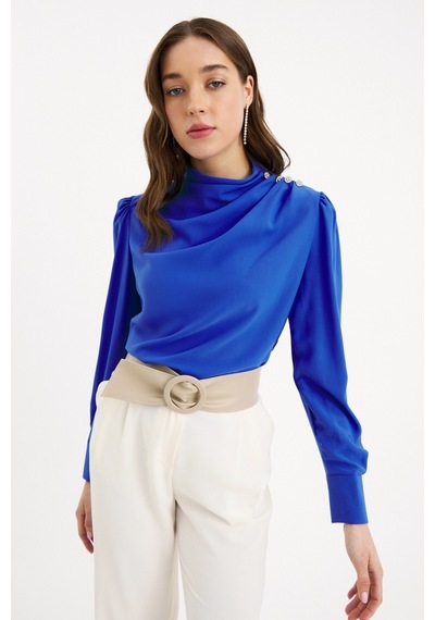 Sateen Düğmeleri Taş Detaylı Bluz - İndigo