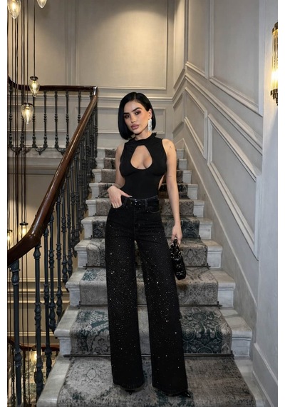 Glammoss L'atelier Yüksek Bel Taş Detaylı Wide Leg Jean Blackshine Blackshine