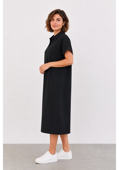 Bihan Store Düğmeli Yakalı Göğüs Cepli Kısa Kollu Midi Boy Shift Elbise Y26-30383-siyah