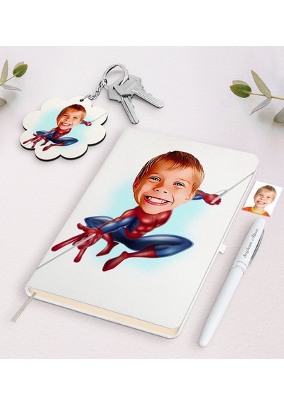 Kişiye Özel Erkek Çocuk Örümcek Adam Karikatürlü Beyaz Defter Kalem Ve Anahtarlık Hediye Seti