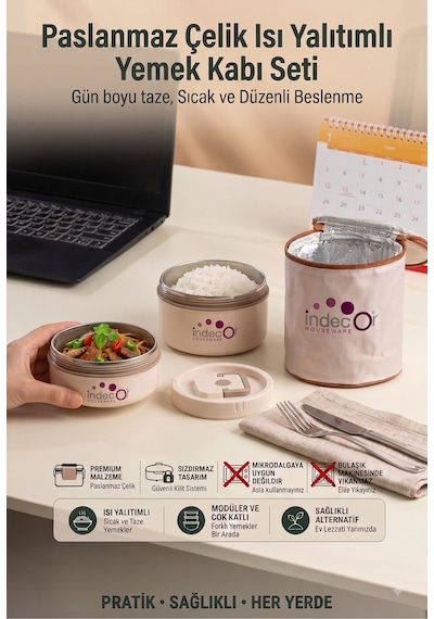 Isı Yalıtımlı Çantalı 2 Parça Vakumlu Lunch Box Yemek Termosu Beslenme Kutusu Sefer Tası Krem