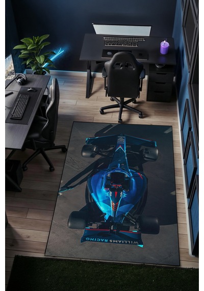 Formula 1 Gece Mavi Yarış Arabası Halı Kaymaz Taban Yıkanabilir Premium Halı F1.6