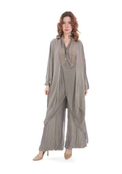 Bohem Stil Italyan Ipek Detaylı Oversize Kap Bluz- Wes Pantolon Takım-8789 Vizon