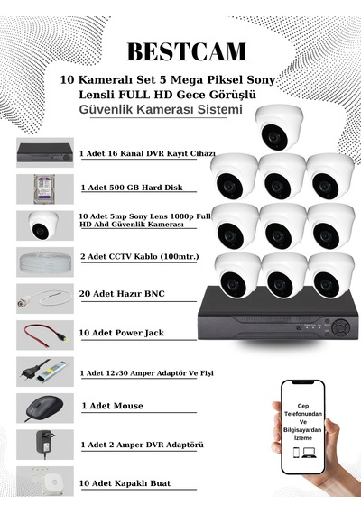 10 Kameralı Set 5 Mp Sony Lensli Full Hd Dome Kamera 500 Gb Hdd