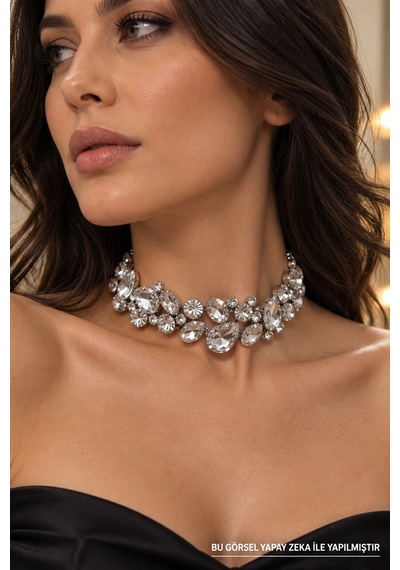 Taş Detaylı Kristal Choker Kolye Zarif Ve Şık Kadın Takı Gümüş - 932138920 Gümüş