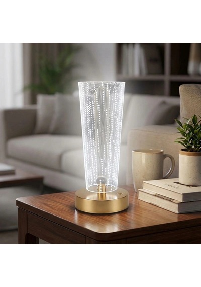 Silindirik Kristal Nokta Model Led Masa Lambası Gold Tabanlı, Dokunmatik, 3 Renk Işık Modlu, Şarjlı Modern Dekoratif Gece Lambası 5580 Şeffaf