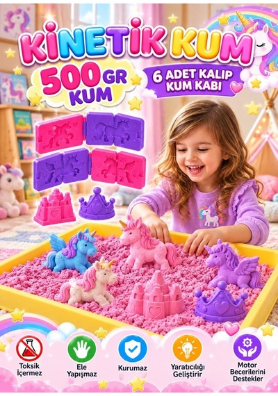 Pony Temalı Kinetik Kum 500 Gr 6 Adet 3d Kalıplı Ve Kum Havuzlu Yapışmaz Kurumaz Oyuncak Kum Seti Çok Renkli