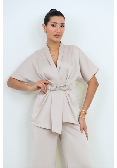 Dorne Moda Özel Seri Kemer Detaylı Takım - Düğün - Mezuniyet - Ofis Şıklığı Ekru Ekru