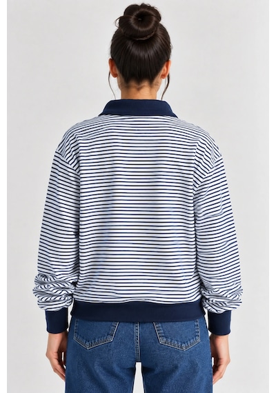 Mevese Çizgili Desen Polo Yaka Fermuarlı Oversize Kadın Sweatshirt - Lacivert