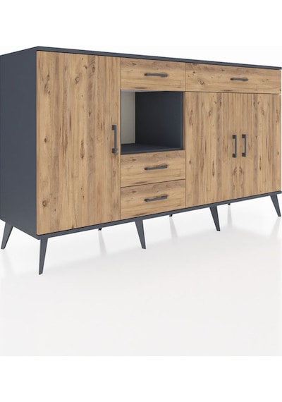 Kronos Konsol 4 Raflı 4 Çekmeceli 3 Kapaklı 176x59x99 Antrasit-ça Antrasit-çam