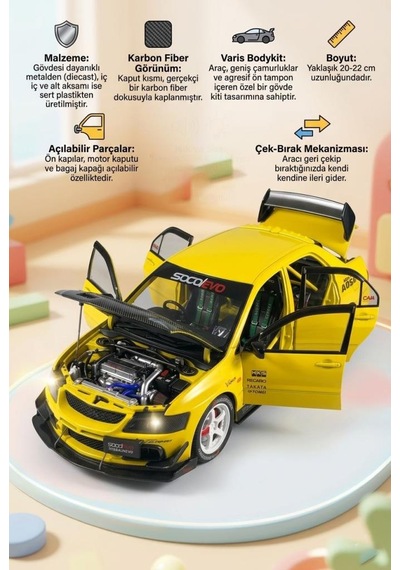 Hobiez World 1:24 Lisanslı Metal Mitsubishi Lancer Evolution Ix Kapısı Kaputu Ve Bagajı Açılan Model Araba Sarı