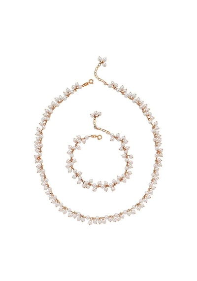 Sallantılı Doğal Kültür İncisi Kolye Bileklik İkili Set 40 Cm / Rose Gümüş