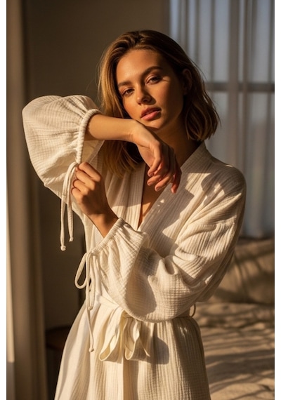Combattente Exclusive Products Yeni Sezon Müslin Kimono - Bağlamalı Kol Detayı, Lüks Oversize Kadın Kimono - Oeko-tex Sertifikalı Kumaş Beyaz