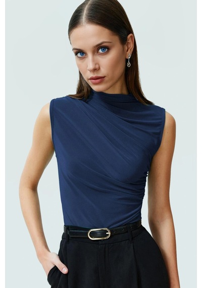 Ersefa Kolsuz Crop Bluz Dik Yaka Örme Kumaş Vücuda Oturan Seçkin Malzeme Indigo