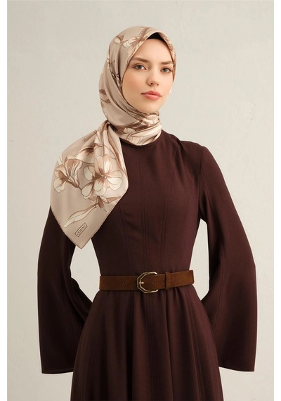 Armine Çiçek Desenli Saf İpek Sura Eşarp 9304 - 90 X 90 / Vizon - 32 Vizon - 32