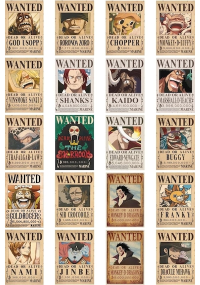 One Piece Wanted Tasarımlı Düz Kesim Sticker Seti - 2,60 Cm X 3,80 Cm 20 Adet Sticker 1