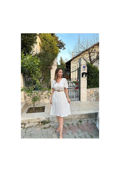 Rabia Çelik Kadın Beyaz Hasır Kemerli Midi Elbise Beyaz Beyaz