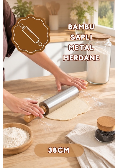 Porsima Mnb05772 Ahşap Saplı Paslanmaz Çelik Merdana Oklava Hamur Pizza Börek Açma Oklava 38cm