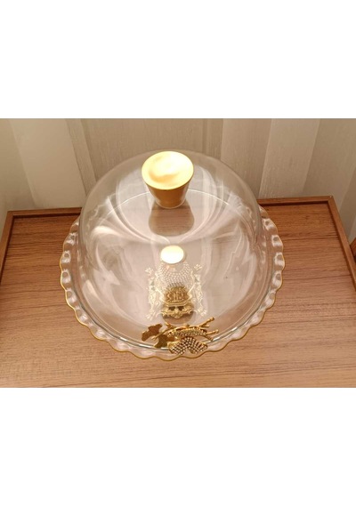 Elta Collection Gold Metal Ayaklı Cam Kapaklı Kek - Pasta Stantı Fanus Taşlı