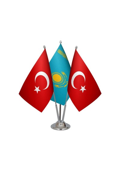 Masa Üstü Kazakistan Bayrağı Türk Bayrağı Üçlü Krom Direk Masa Ba