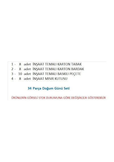 İnşaat 8 Adet Tabak, 8 Adet Bardak, 8 Adet Mısır Kutusu, 10 Adet Peçete