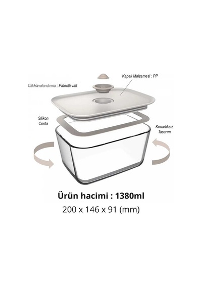 Fika Clik Dikdörtgen Cam Saklama Kabı 1380 Ml - Bej-7335