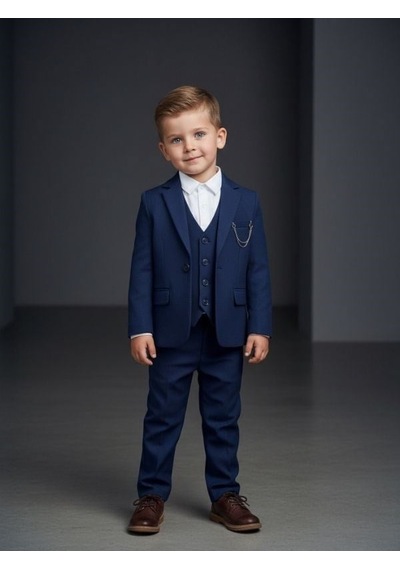 Zekids Erkek Çocuk Slim Fit 3 Lü Takım Elbise Ceket + Yelek + Pantolon -10333 Lacivert
