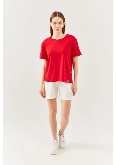 Kadın Rahat %100 Pamuklu Penye Bisiklet Yaka Kısa Kol Basic T-shirt Kirmizi