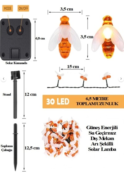 Güneş Enerjili Arı Şekilli Işık Zinciri 30 Led 8 Mod 6,5 M Su Geçirmez Dış Mekan Süsleme Işığı 1