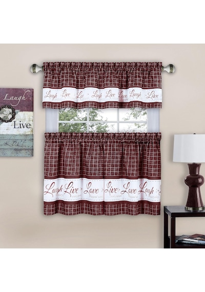 Home Furnishings Live, Love, Laugh - Baskılı Kat & Kısa Perde Seti - 58x36 - Bordo