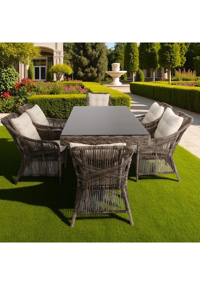 Bossa Rattan Bahçe Masa Takımı 100x200 6 Kişilik Bahçe Mobilyası Gri
