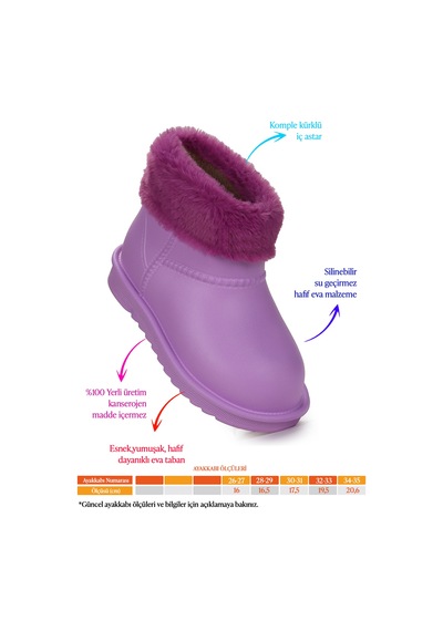 Kiko Kids Geta Su Geçirmez İçi Kürklü Kız Çocuk Eva Yağmur Kar Çizme Lila Lila