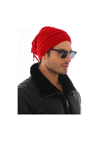 Ritagarcia Unisex Arkası İpli Büzgülü Triko Bere Kışlık Dökümlü Slouchy Beanie Bere Kırmızı