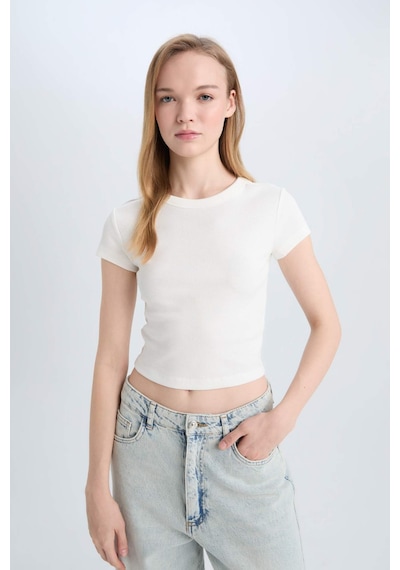 DeFacto Coool Fitted Bisiklet Yaka Basic Düz Fitilli Kaşkorse Kısa Kollu Beyaz Tişört E0287AX25SMWT32