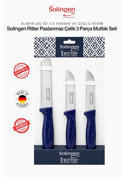 Solingen Ritter Mavi 3'lü Keskin Mutfak Bıçağı Seti - Paslanmaz Alman Çeliği