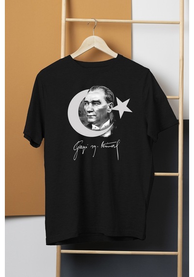 Atatürk Gazi Mustafa Kemal 10 Kasım Türk Bayrağı Baskılı Siyah T-shirt Unisex Tişört 001