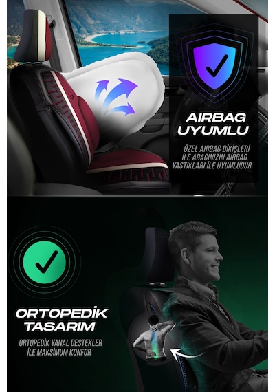 Siyah - Bordo Panda Camila Serisi Velucantra Kumaş Oto Koltuk Kılıfı - Tam Set