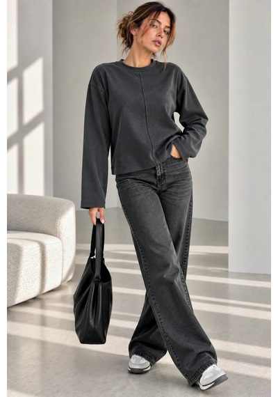 Bb Butik Basic Ön Dikiş Detaylı Basic Sweatshirt Günlük Rahat Kesim My3535 Antrasit