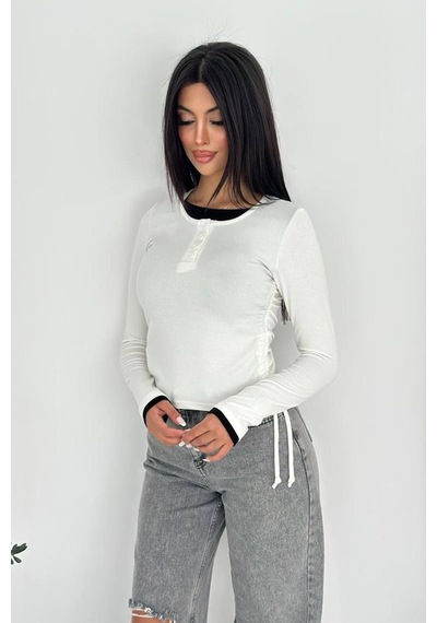 Noa & Noa Kadın Yan Bağcıklı Uzun Kollu Bluz Sade & Karakterli Stil Beyaz