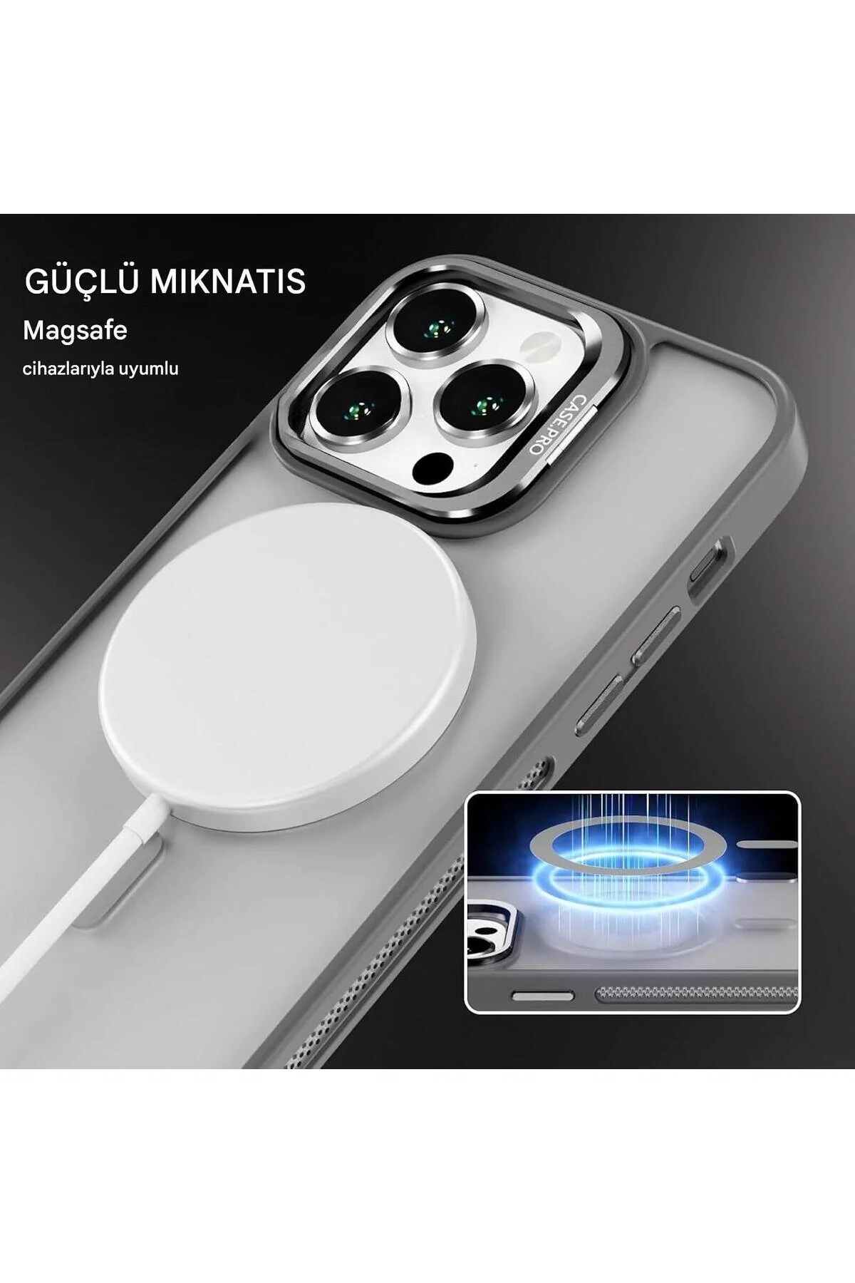 İphone 12 Uyumlu Magsafe Kılıf Mıknatıslı Standlı Darbeye Dayanıklı Mat Şeffaf Arka Kapak Lens li gri