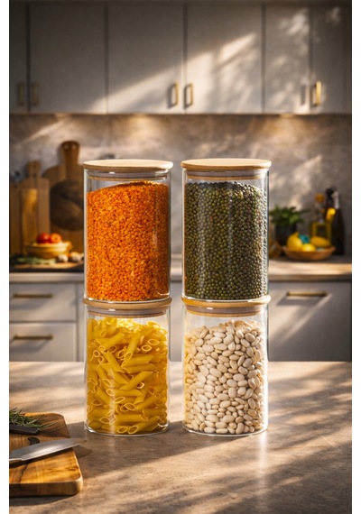 Porsima 2-4 Bambu Borosilikat Vakumlu Kapaklı Yuvarlak Cam 4lü Kavanoz Seti Saklama Kabı 1300ml 10x20cm