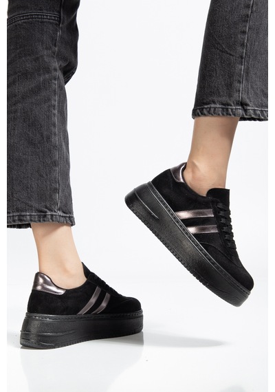 Bahrina Kadın Kalın Tabanlı Sneaker Siyah Süet Platin