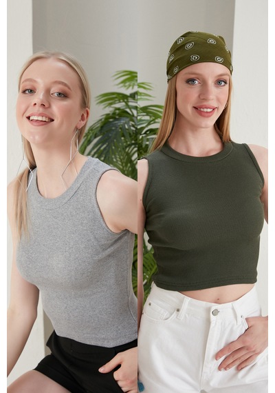 Catspy Kadın Halter Yaka 2'li Crop Bluz Atlet Gri-haki