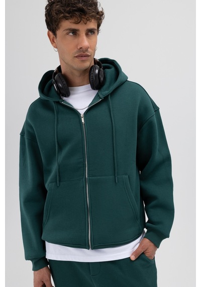 Vamos Basic Fermuarlı Oversize Kapüşonlu Sweatshirt Nefti Yeşil