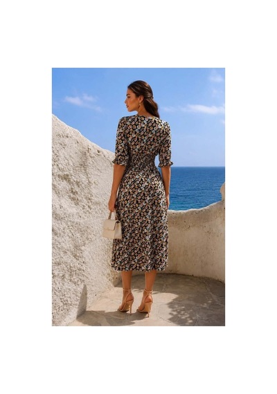 Store V Yaka Elbise Kollu Kısa Midi Gipe Detaylı Çok Renkli - 935905769 Çok Renkli