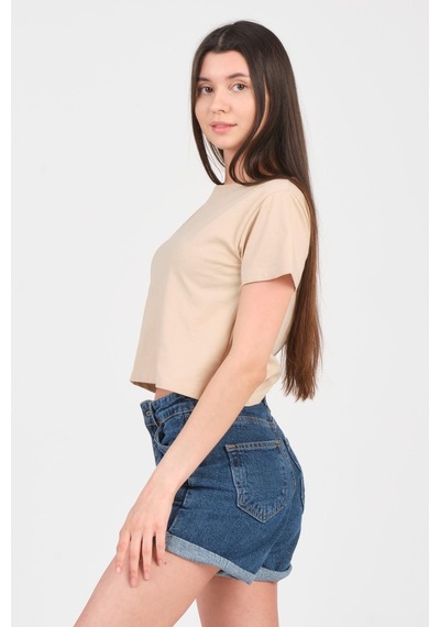 As Collection Bej Bisiklet Yaka Kısa Kol Örme Kadın Crop Bej