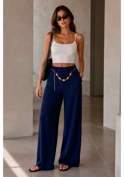 Bb Butik Basic Kadın Modal Kumaş Zincir Kemer Detaylı Bol Paça Pantolon Rahat Kalıp Şık Günlük Pantolon My3535 Lacivert Bb Butik Basic Kadın Modal Kumaş Zincir Kemer Detaylı Bol Paça Pantolon Rahat Kalıp Şık Günlük Pantolon My3535 Lacivert
