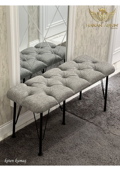 By Hakan Aşkın Metal 5 Ayaklı Keten Kumaş Puf & Bench Gri 2024 Keten Gri