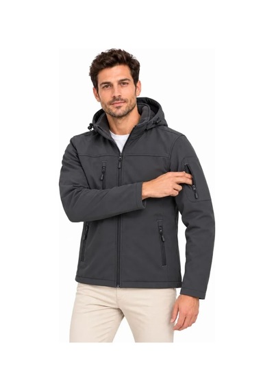Erkek Su Geçirmez Softshell İçi Polar Astarlı Çıkarılabilir Kapüşonlu 4 Cepli Mont Ceket - Füme