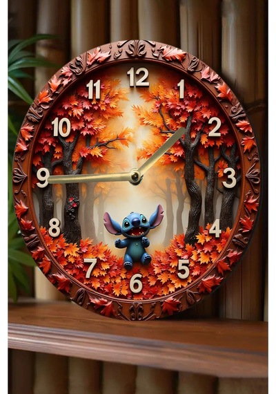 3d Görünümlü "stitch İle Sonbahar" Mdf Duvar Saati Sdw323 Renkli